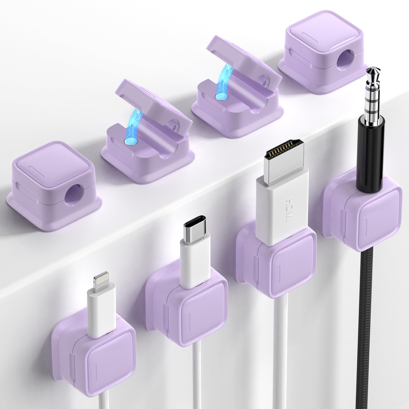 8 Pack Magnetic Cord Organizer, Easy Secure Adhesive Cable Management, Wire Holder Keeper Organizer Management, Hide/Organize Phone USB Charger Cable for Home,Office,Car,Desk,Nightstand-Purple