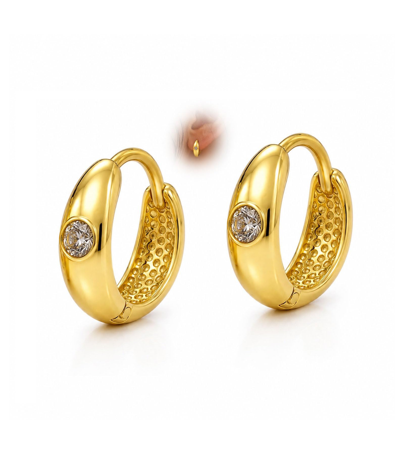vama FASHIONS 18K Gold Plated Anti Tarnish Round CZ Stone Chunky Huggie Hoop Bali Earrings Lightweight Hypoallergenic Ear Piercing Ear Rings For Mens-picture-2