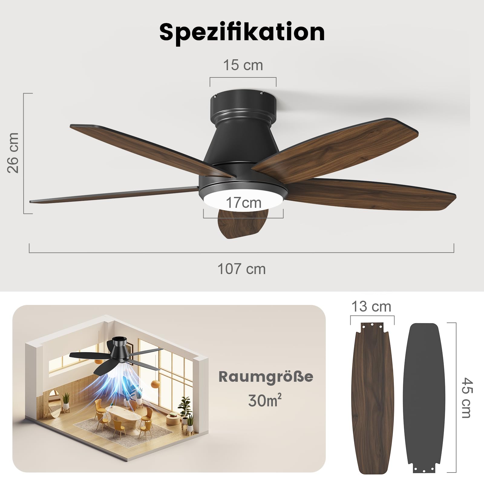 Wentylator sufitowy z oświetleniem, 107 cm, 5 łopatek, wentylator sufitowy z pilotem zdalnego sterowania, 6 biegów, ultracishy, odwracalny silnik prądu stałego, ściemniane diody LED, dwustronne