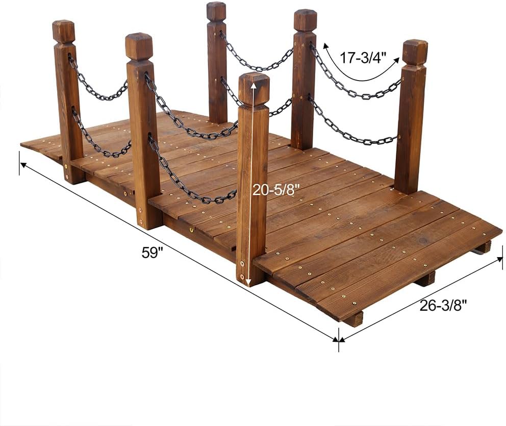 5FT Wooden Garden Bridge Arch, Decorative Arc Footbridge with Double Safety Railings Outdoor Lawn Pond Bridge Walkway for Backyard Creek, Stream, Fish Pond, Bronze