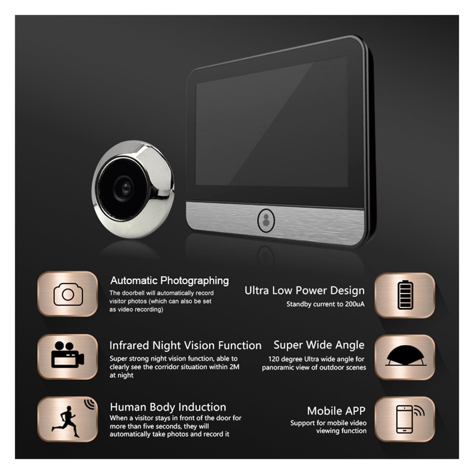 Campanello con display IPS da 4,3" ad alta capacità, spioncino digitale, telecamera for porta, occhio di gatto, 120°, 2K300W, pixel, monitor for esterni Grandangolo(6 inch)