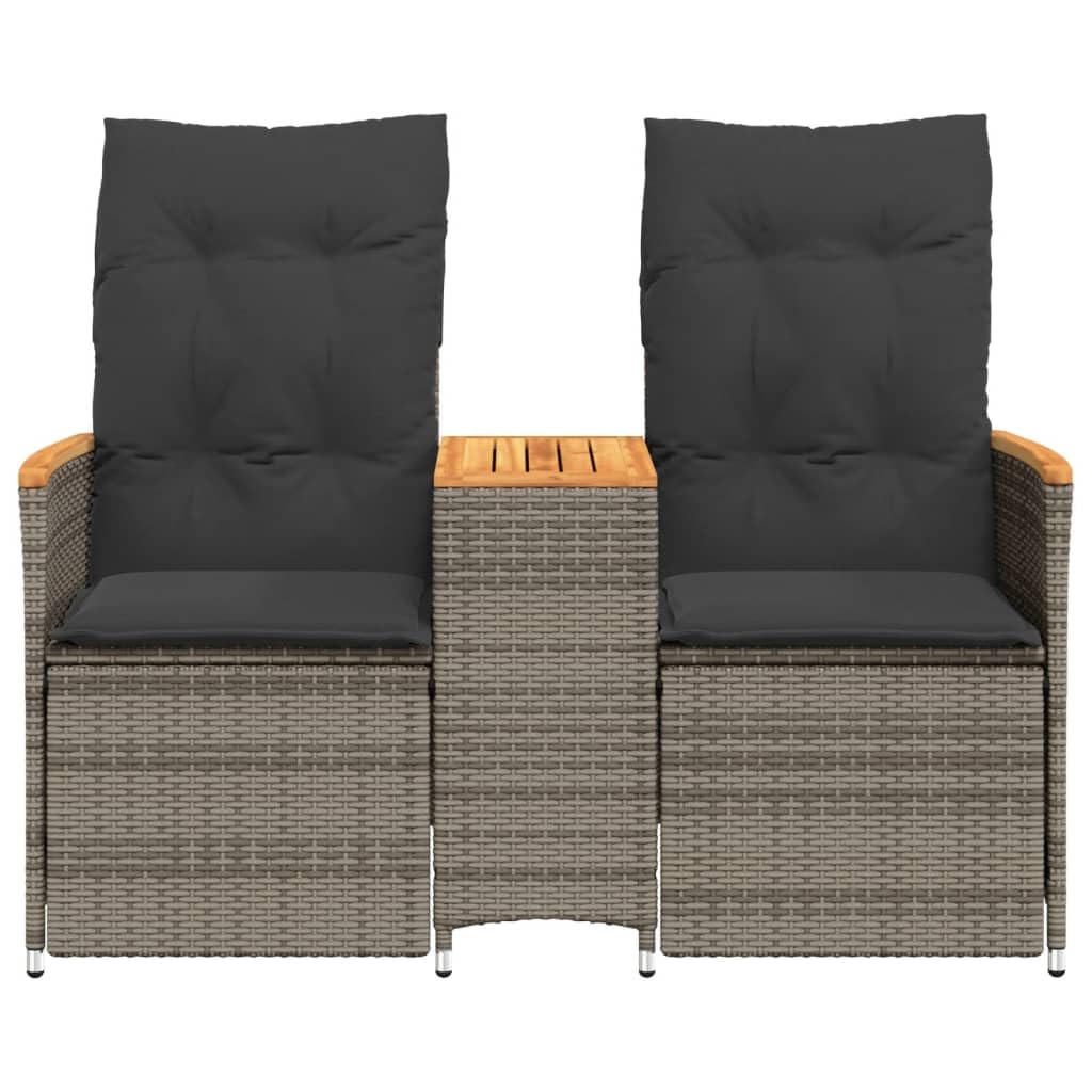 Gartensofa 2-Sitzer Verstellbar mit integriertem Tisch Grau Poly Rattan Gartenbank mit Auflagen Relaxsofa für Terrasse und Balkon Bequeme Sitzgruppe aus PE-Rattan und Akazienholz