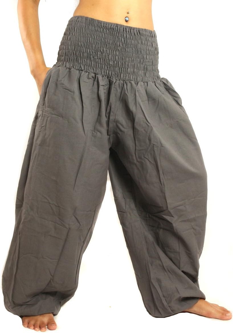 jing shop High Cut Harem Baggy Pants with Wide Legs and Smocked Wide Waist Cotton