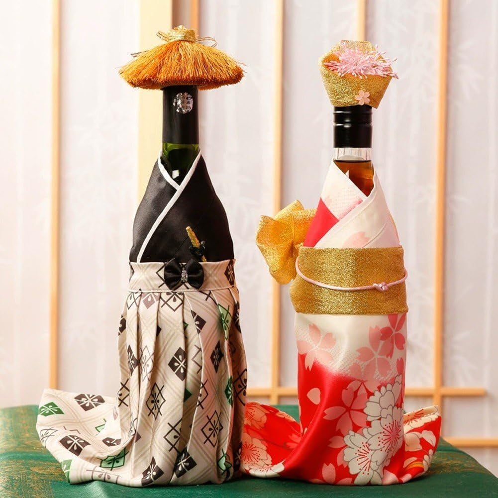Lot De 2 Housses De Bouteille Créatives De Style Kimono Japonais avec Chapeaux, Idéales pour Décorer Une Bouteille De Vin Ou De Champagne.