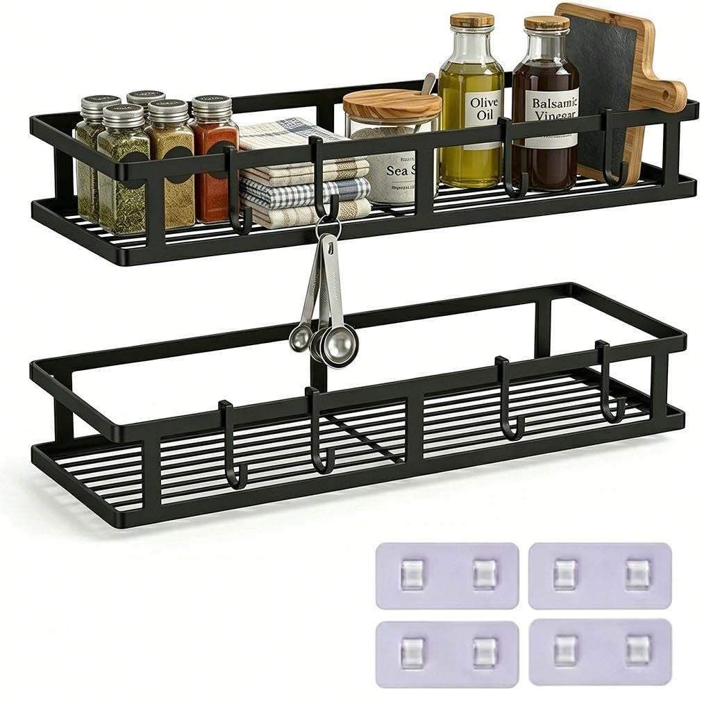 Portaspezie da Parete 2 Pezzi, Porta Spezie per Cucina Salva Spazio in Metallo Nero, 30 x 12,5 x 5 cm, Portaspezie da Appendere per Barattoli e Condimenti