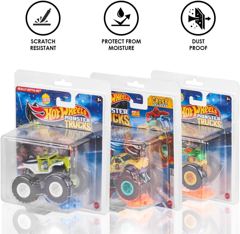 12 Pack Protective Cases Compatible with Hot Wheels Monster Trucks 1:64 Single – 0.7mm Thick PET Clamshell Clear Display Box, Acid-Free, Waterproof, Scratch-Resistant (12, HWMT-Single Pack)