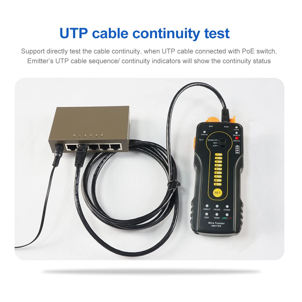 The CT-66 Emitter performing a shielding layer continuity test on a shielded cable. The 'G' indicator on the Emitter is lit, indicating that the cable's shielding is intact. An inset image shows the internal structure of a shielded cable.