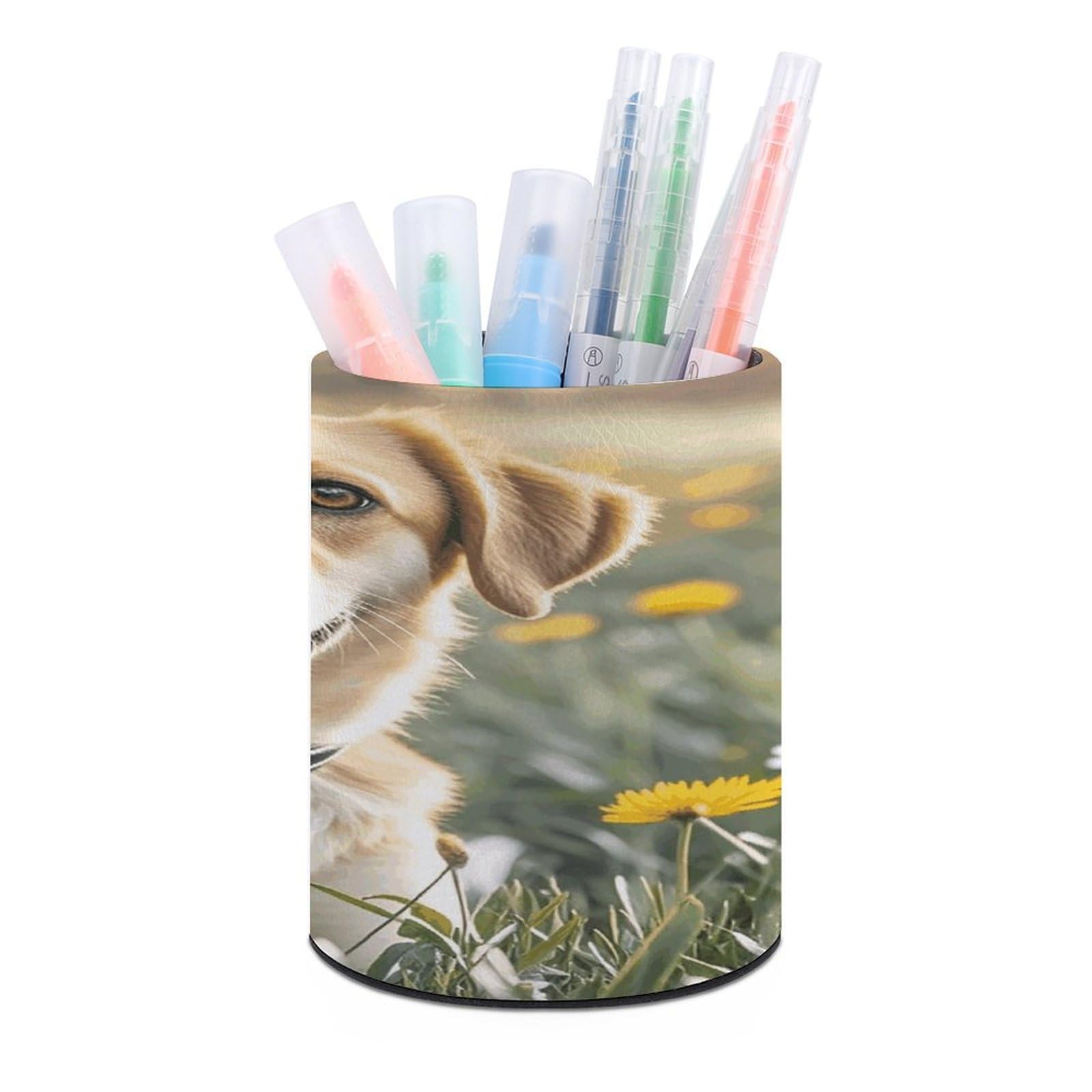VstaDank - Round Animal Photo Pen Holder for Dogs Pencil Holder PU Leather Desk Organizer Holder for Office Decoration Desk for