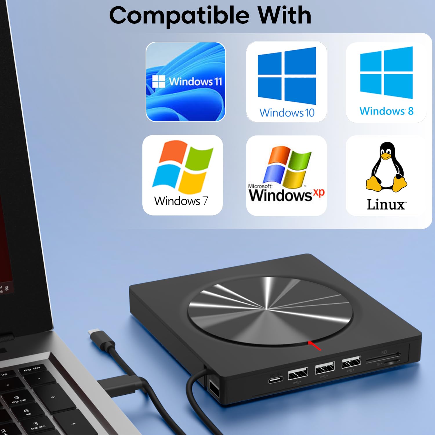 Sounce 8-in-1 External CD/DVD Drive - USB 3.0 & Hub -4