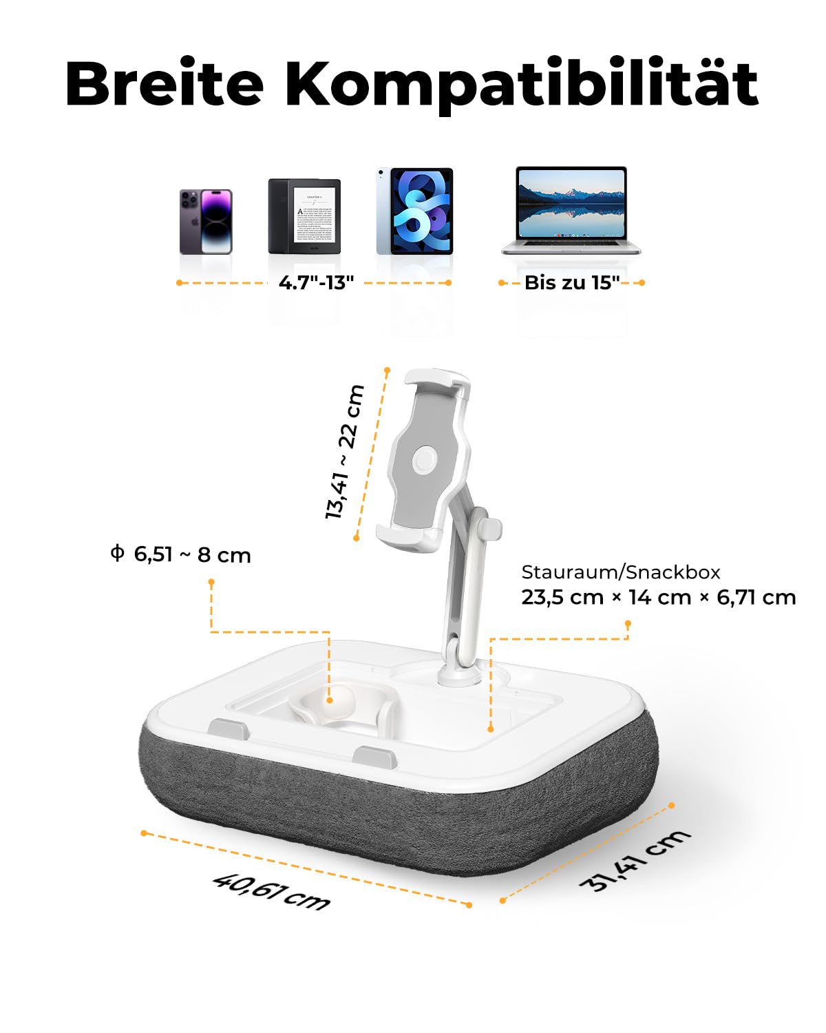SupeDesk Kindle Halterung Kissen, Tablet Halterung,Kindle Halter,kompatibel mit 4,7-15" Handy/Kindle/Tablet/Laptop, Laptopständer mit Mauspad,Snackbox,Becherhalter & 360° drehbarer Arm für Bett, Sofa