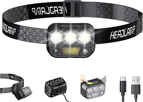 PINSAI Faros delanteros superbrillantes, 7 modos de luz, con sensor de movimiento, LED, recargable, cómoda, para adultos y niños, diadema ligera y