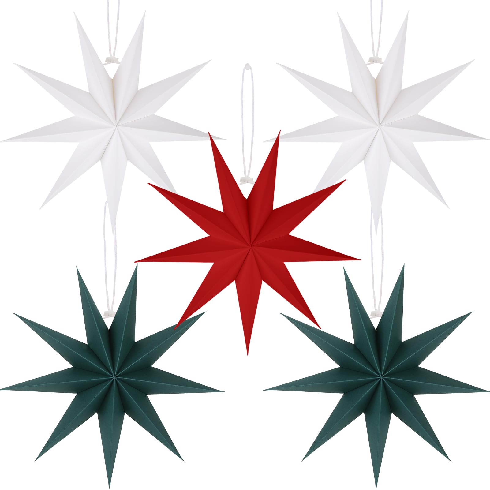 5 PCS Red Green White Paper Star Lanterns Hanging Stars Christmas Party Decorations Hanging Lampshade Wedding Birthday Home Party Decorations (12 Inch)