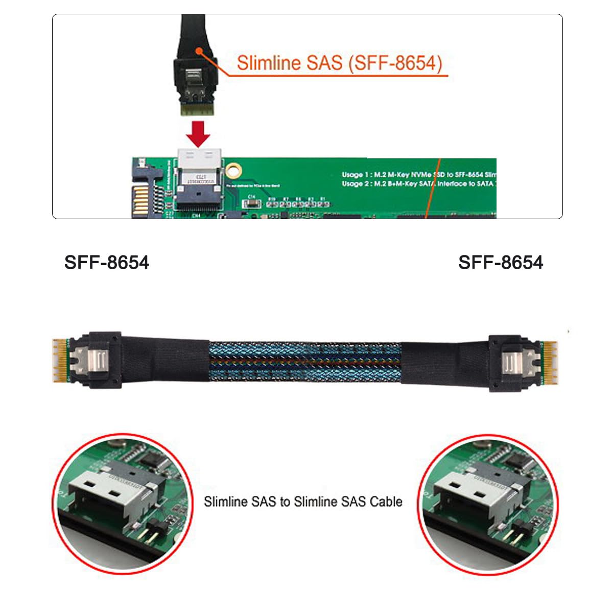 CY Slimline SAS 4.0 SFF-8654 4i 38pin Host a SFF-8654 Slim SAS Target Cable PCI-Express 4X Cable 40cm