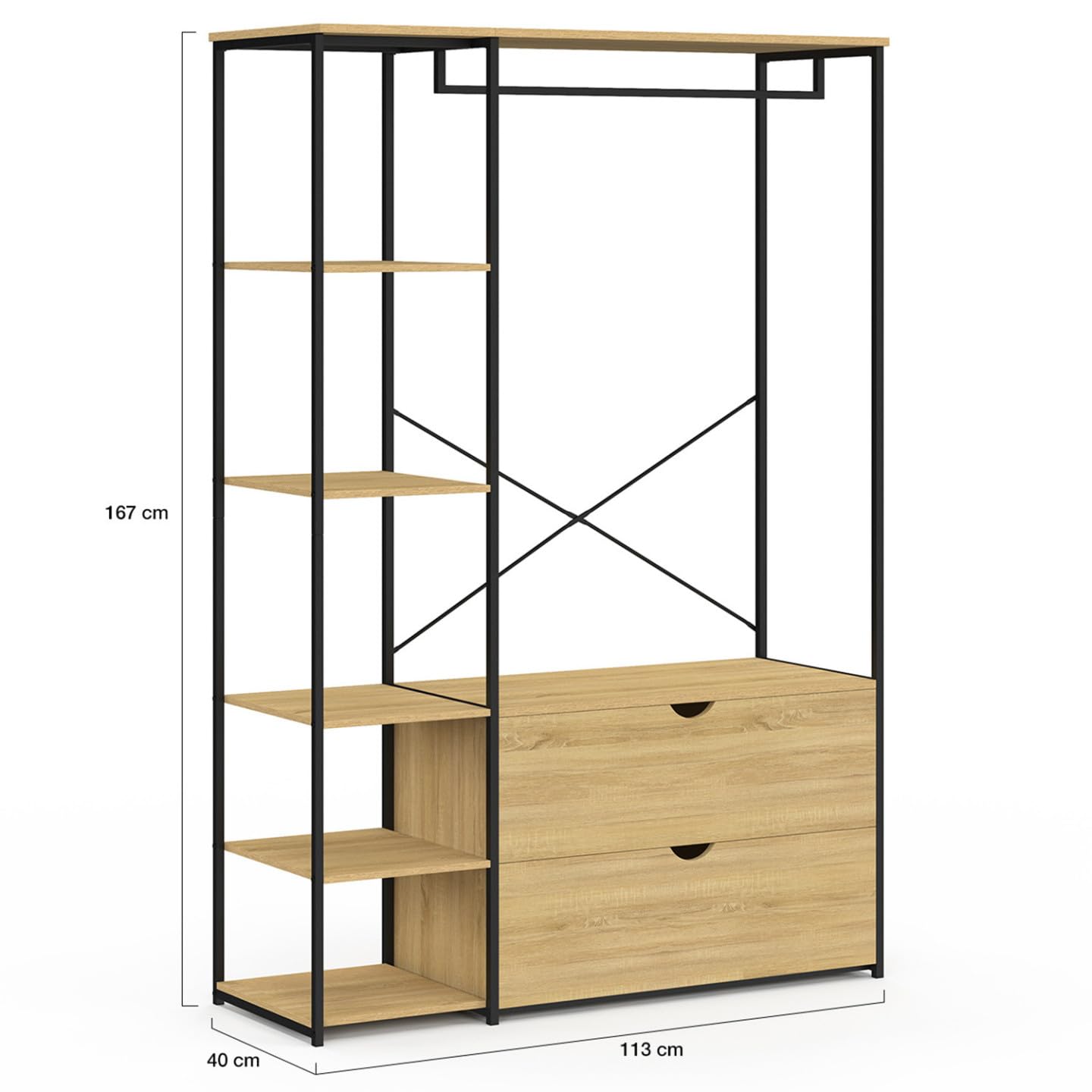 IDMarket - Vestidor armario estantes L. 113 cm DETROIT 2 cajones de diseño industrial