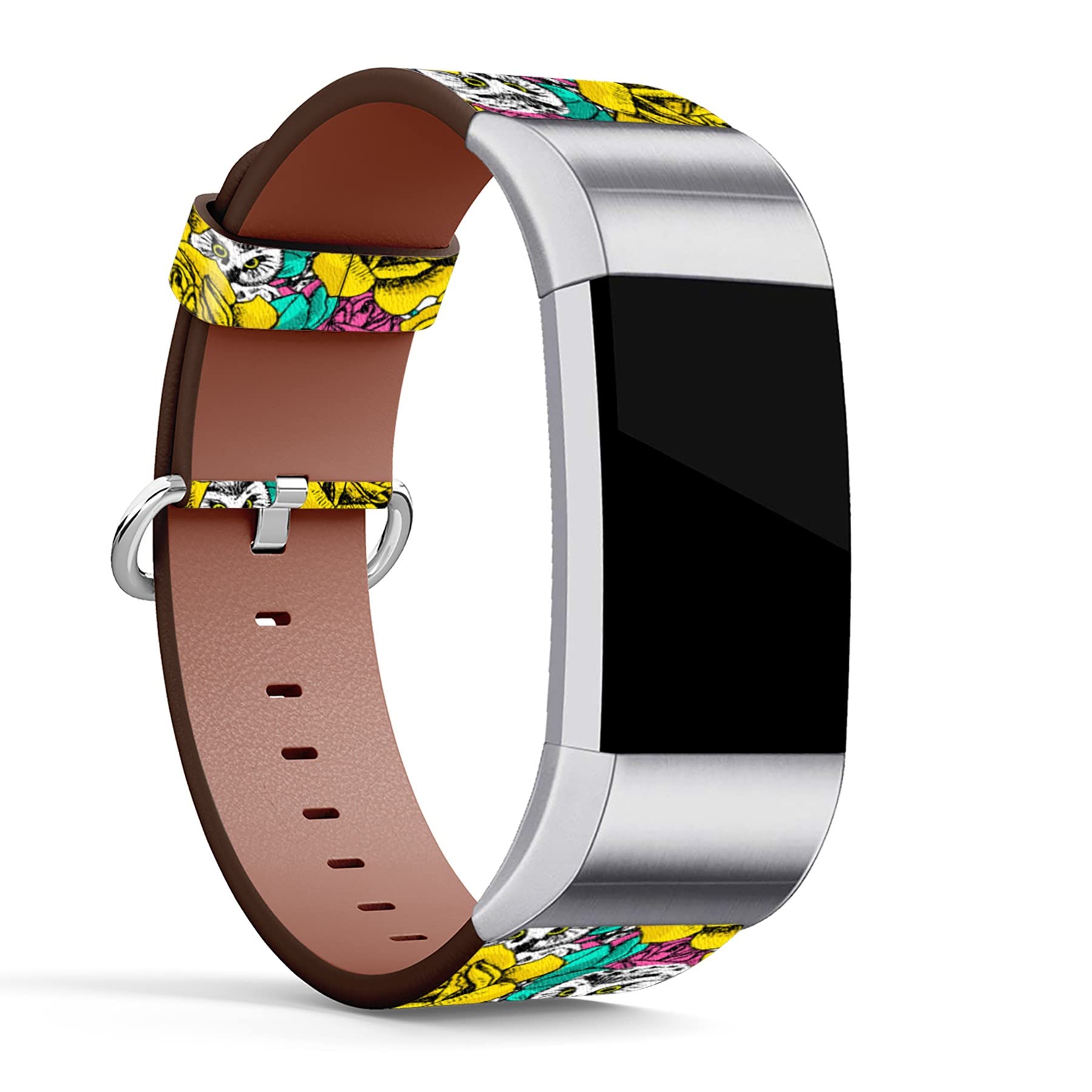 Compatible with Fitbit Charge 2 , Patterned Leather Replacement Band (Owl and Rose Pattern)