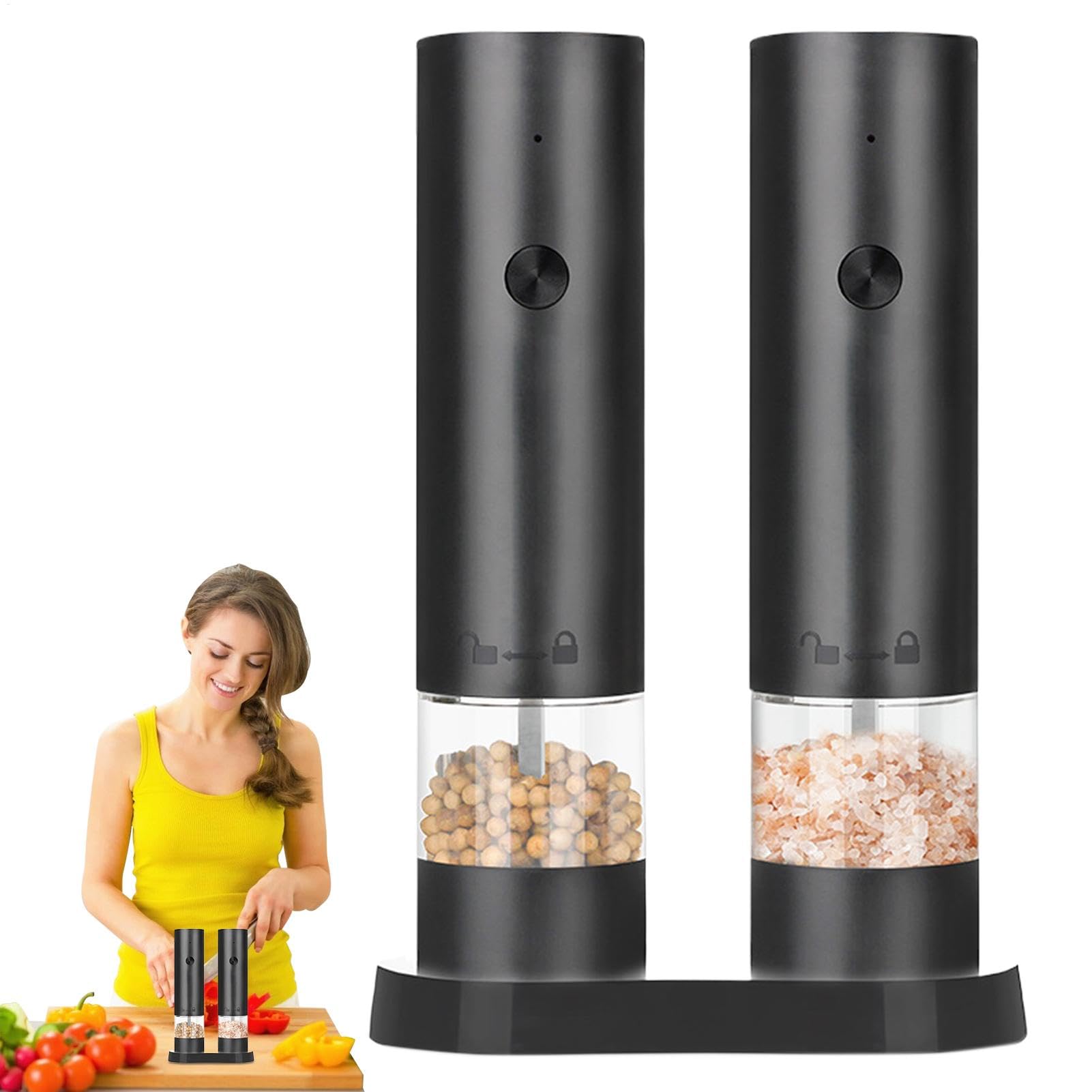 Electric Grinder Set, Salt Pepper Grinder, Rechargeable Chili Grinder, Automatic Grinders, Rechargeable Chili and Pepper Grinders with Led Light, Automatic Mill Bottle for Salt