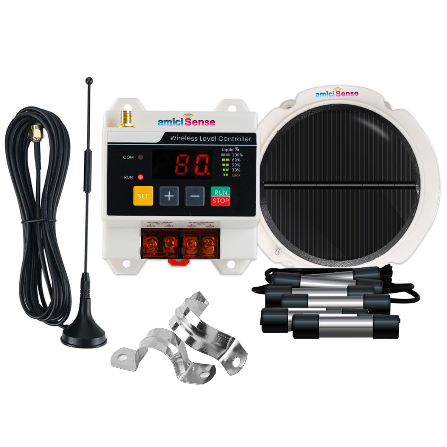 amiciSense Automatic Wireless Water Level Controller Switch | Solar Powered Transmitter with Battery | Water Level Display | 230V AC | 3kW Motor Load | Timeout & Water Shortage Protection