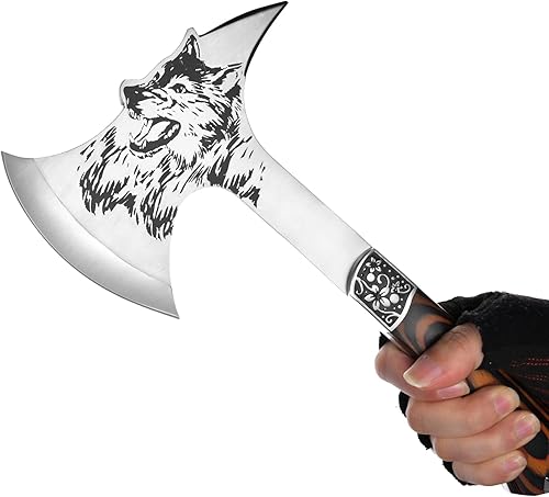 Miniatura 2 de Promithi - Hacha de acero con dibujo de cabeza de lobo para campamento con mango de madera y vaina de nylon Para campamento caza supervivencia al