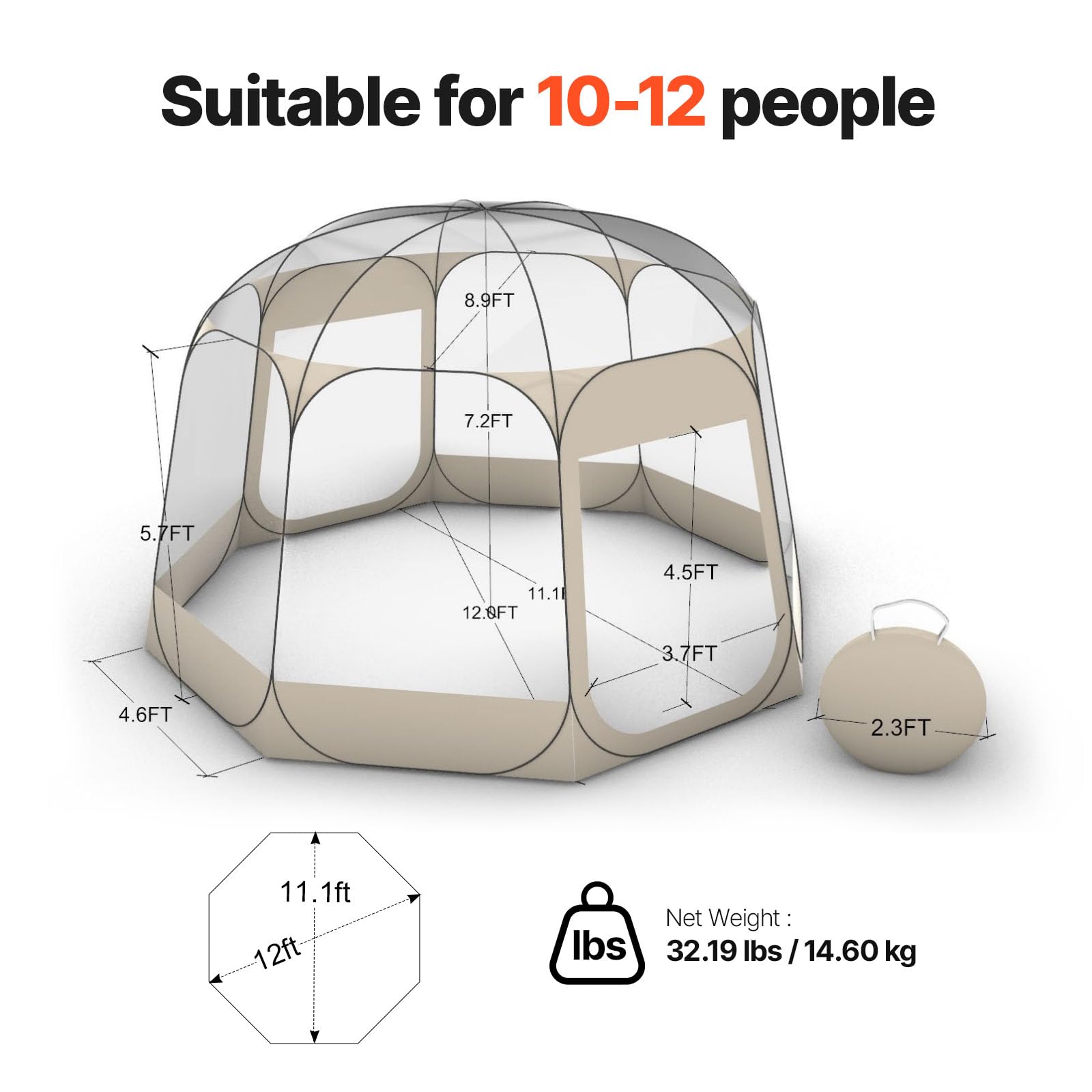 VEVOR Pop-up-Bubble-Zelt, 366 x 345 x 220 cm, transparentes Campingzelt, Garten-Kuppel-Iglu-Zelt mit Fenstern, Sportzelt, 540°-Panoramablick, für 10–12 Personen, Terrasse, Hinterhof