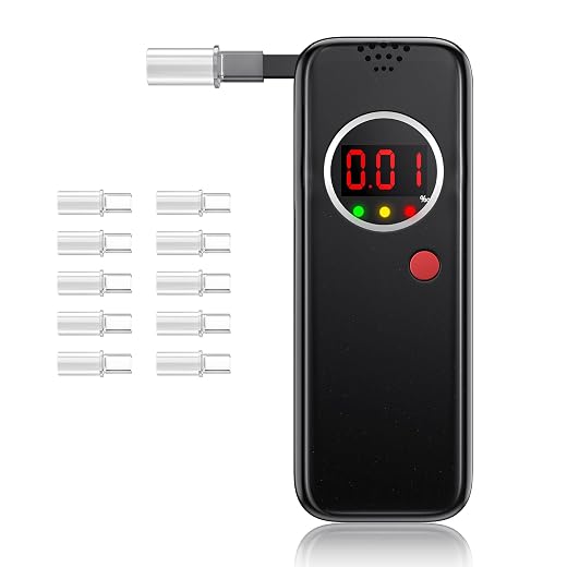 Breathalyzer,Portable Breathalyzers for Alcohol with LCD Display,Professional-Grade Accuracy Alcohol Breathalyzer Tester with 10 Mouthpieces for Home or Party Use （Black）