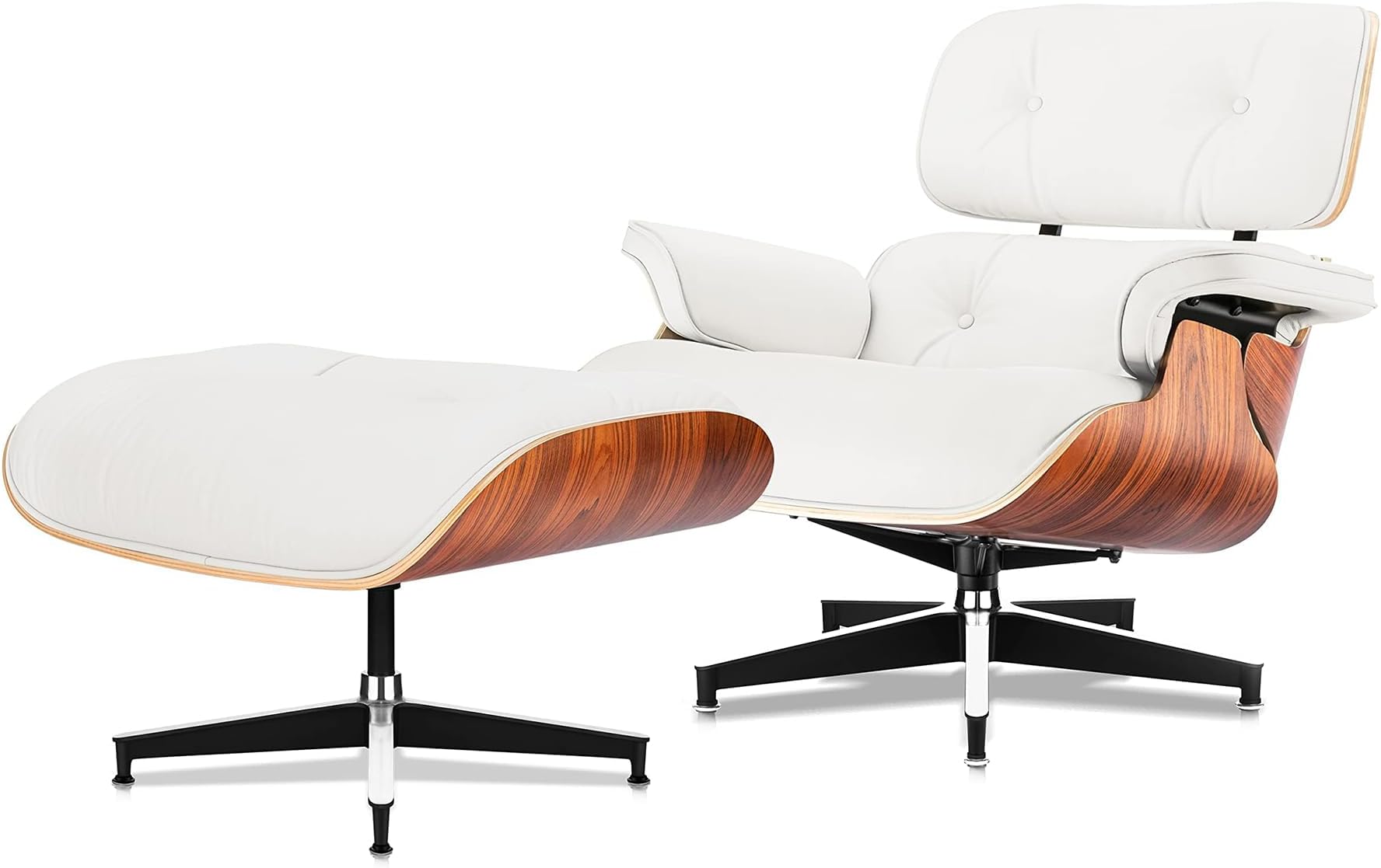 Top Grain Leather, Mid Century Chaise Lounge Chair and Ottoman, Modern Chair Classic Design, Heavy Duty Base Support for Living Room Study Lounge Office, Palisander-White, Heightening