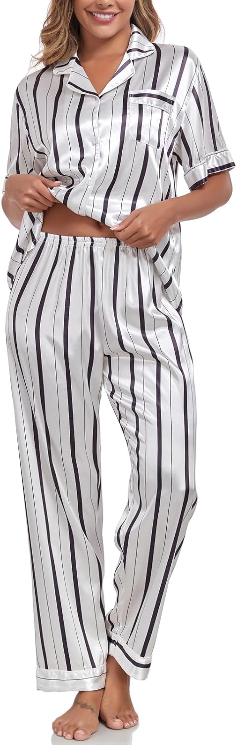 Silk Pajamas for Women Set Short Sleeve Sleepwear Button Down Shirt with Long Pants 2 Piece Striped Soft Pj Set - Image 4