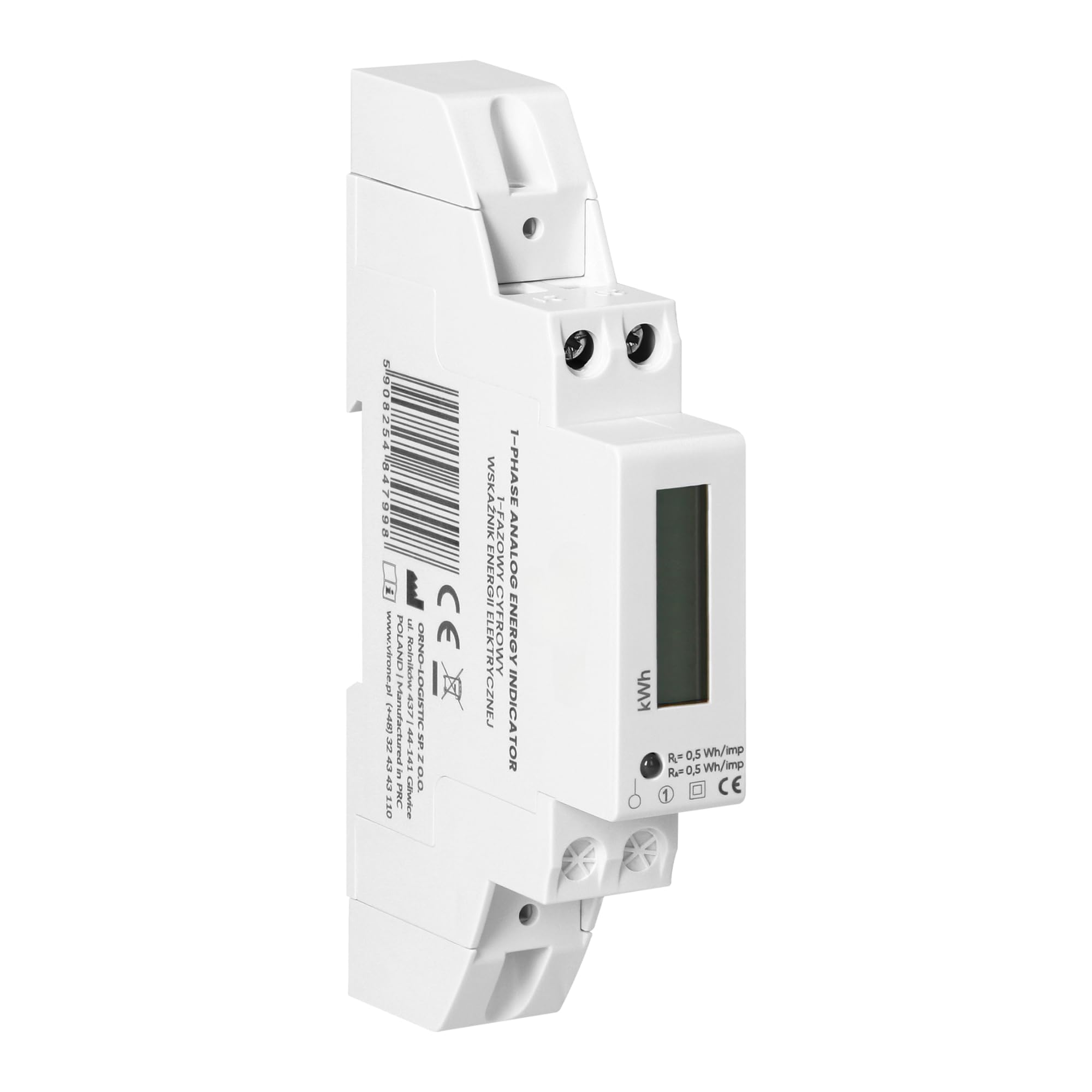 1-fazowy Wskaźnik Zużycia Energii Elektrycznej 40A 50Hz Szerokość 1 Moduł 2000imp/kWh Montaż Szyna DIN TH-35mm (wskaźnik cyfrowy LCD 6+1)