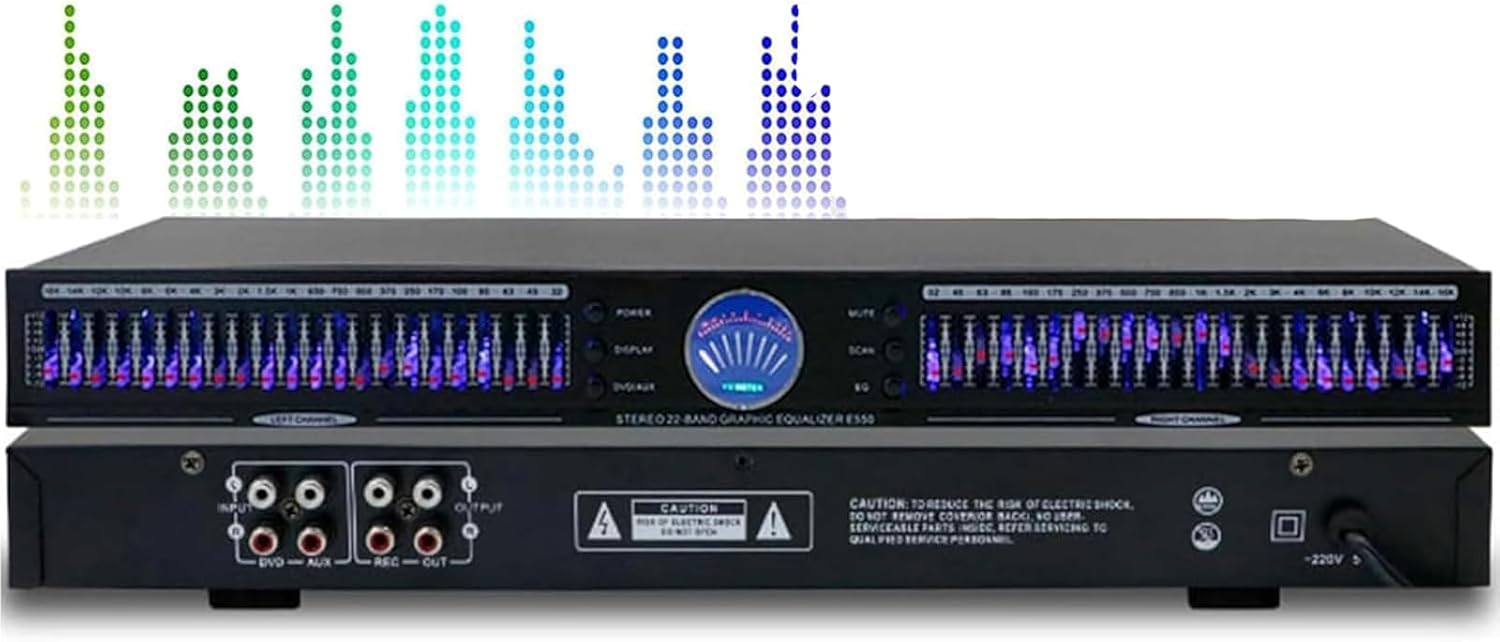 22 Bands Digital Equalizer, Digital Audio Stereo Graphic EQ, with 10 Preset Effects, Low/Mid/Treble Adjustment, Automatic Noise Reduction, 1U Rack Mount