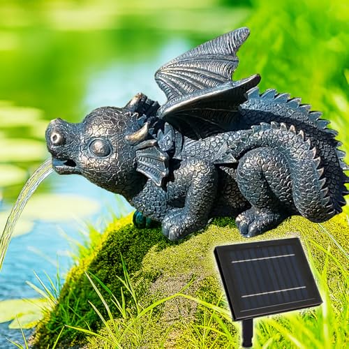 Garten Brunnen Solar Teichpumpe Solar Springbrunnen Gartenbrunnen ZAUBER-Drache Solar Wasserspiel Set Solar Pumpe Teichpumpe für Terrasse Teich Garten Gartenteich Solarteichdekoration mit Li-Ion-Akku