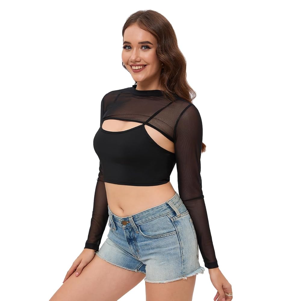 spxidacx Women Mesh Crop Tops Long Sleeve Mock Neck Sheer