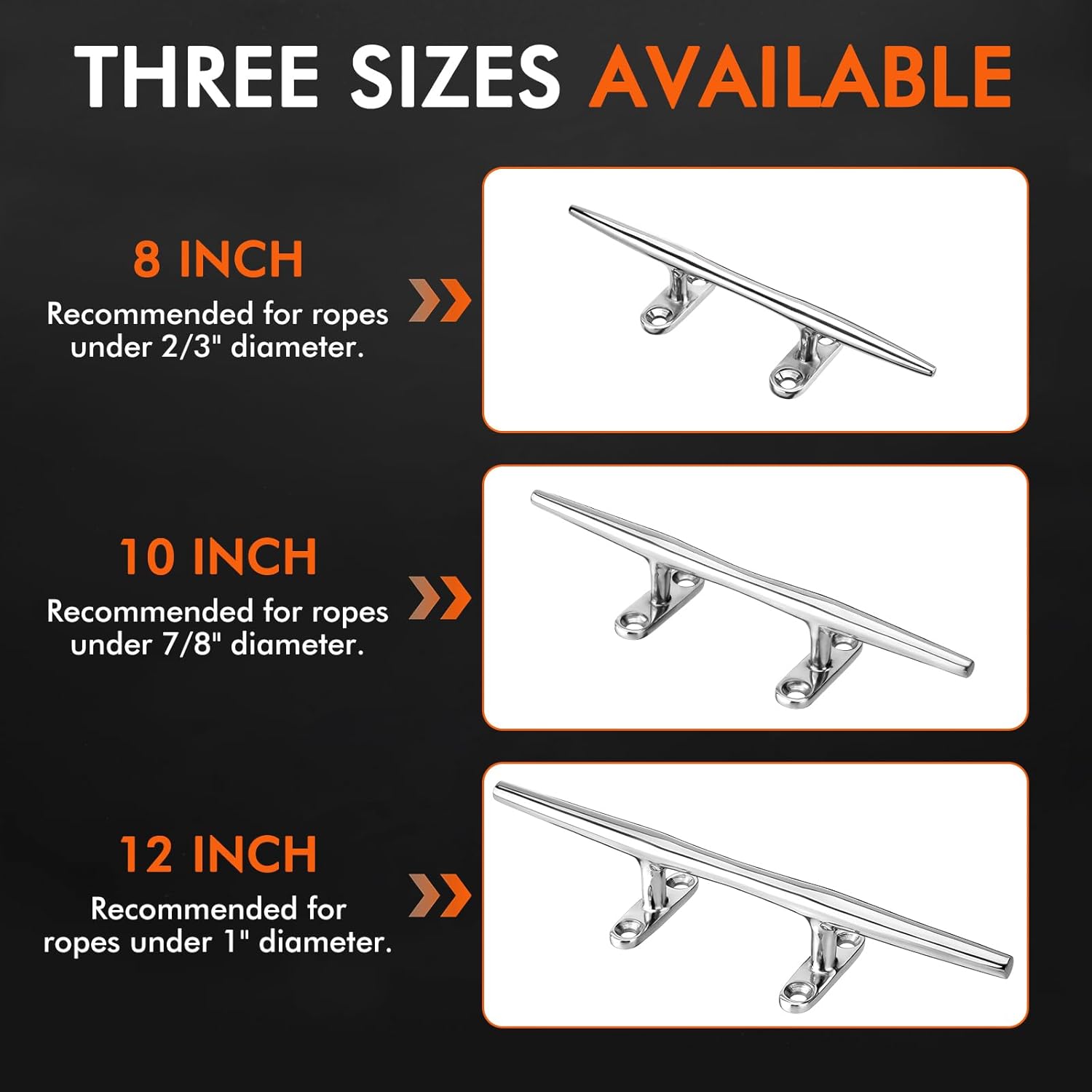 8"/10"/12" Boat Cleats, 316 Stainless Steel Open Base Marine Dock Rope Cleats with Backing Plates and Two Types Screws, Compatible with Kayak, Yacht, Pontoon, Nautical Decor