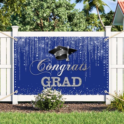 AIBIIN Blue and Silver Congrats Grad Backdrop Class of 2025 Photography Background Congratulations Graduate Party Decorations Banner Picture Photo Booth 5.9x3.6ft