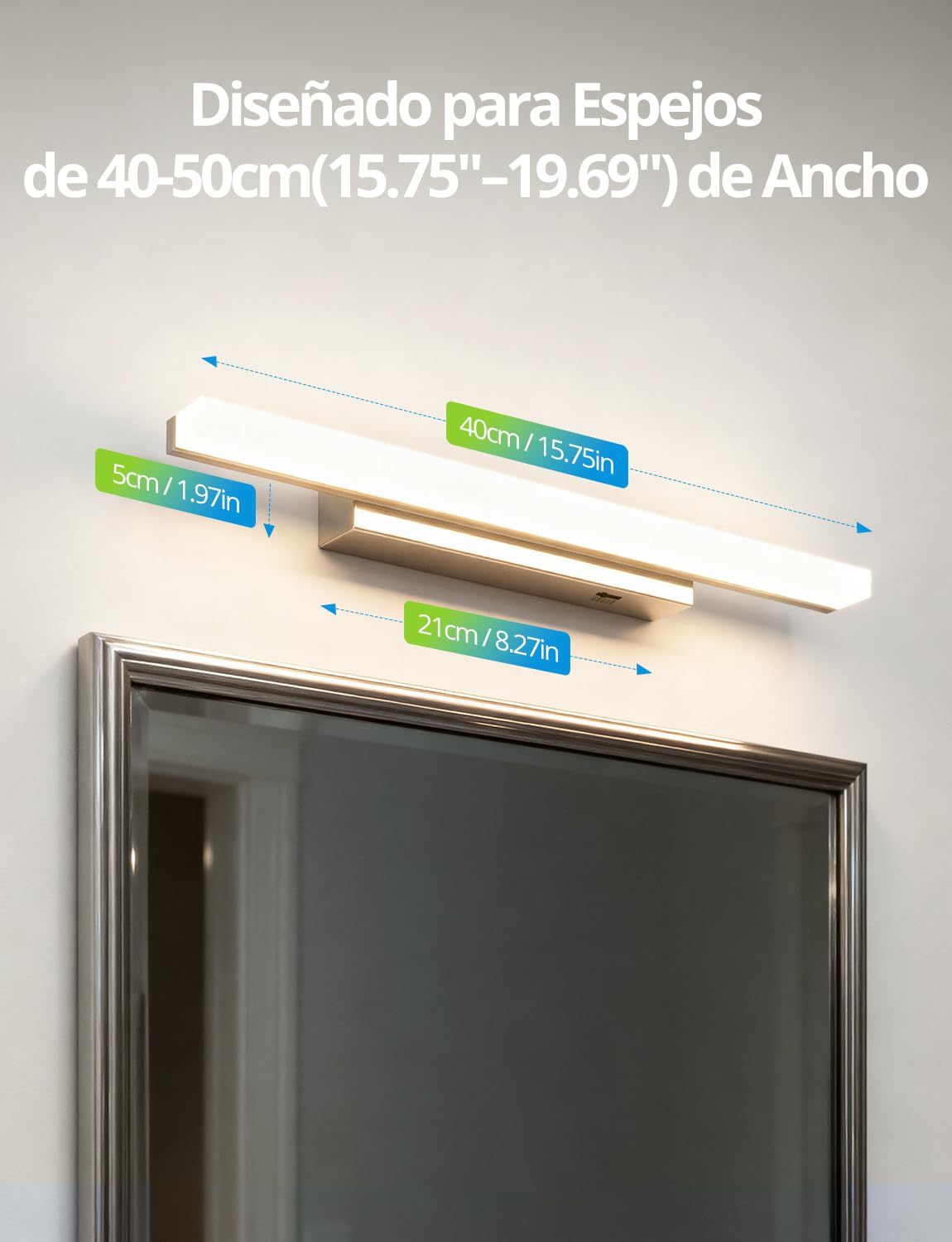 Yafido 40CM LED Aplique Espejo Baño, 5 Temperaturas de Color IP44 Luz Espejo Baño, Moderno10W 880LM Cromo Lampara 230V, Barra óptica de acrílico, 2700K 3500K 4000K 5000K 6000K