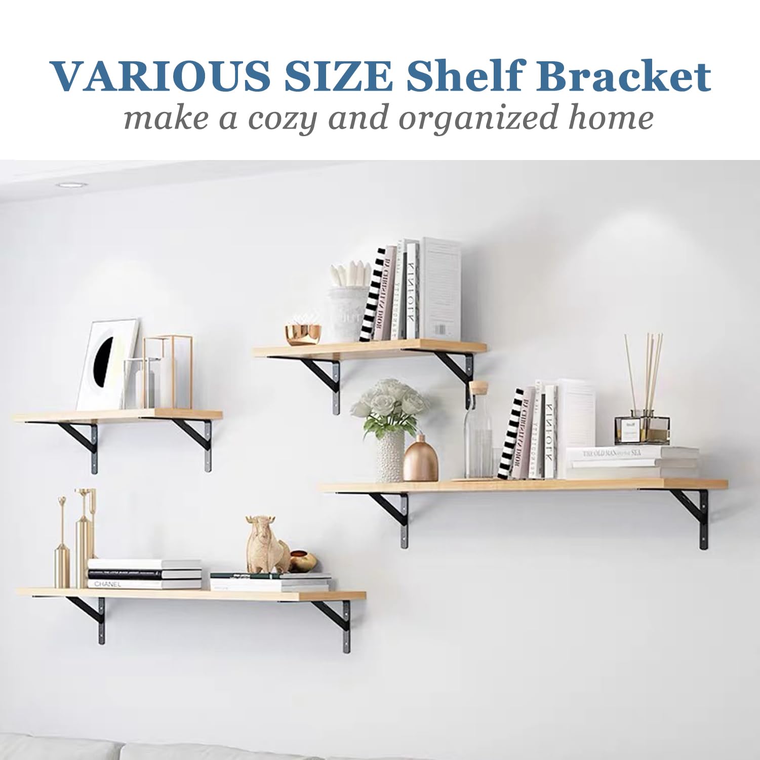 Soportes de estante, paquete de 8 soportes resistentes de 16 pulgadas para estante de 16 x 10 pulgadas, soportes en L de metal negro de hierro para montaje en pared, tornillos incluidos