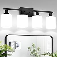 Matte Black 4-Light Bathroom Vanity Light with Milky White Shades - Modern Over Mirror Wall Sconce for Bath, Bedroom, Living Room
