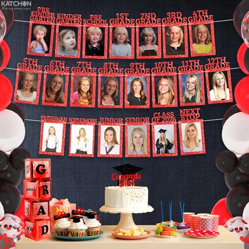 Image of KatchOn, K-12 Graduation Photo Banner 5x7 - Photo Cards 12+6 | Graduation Banner 2026 Personalized, Graduation Decorations Class of 2026 | Red Graduation Picture Banner, Graduation Party Decorations