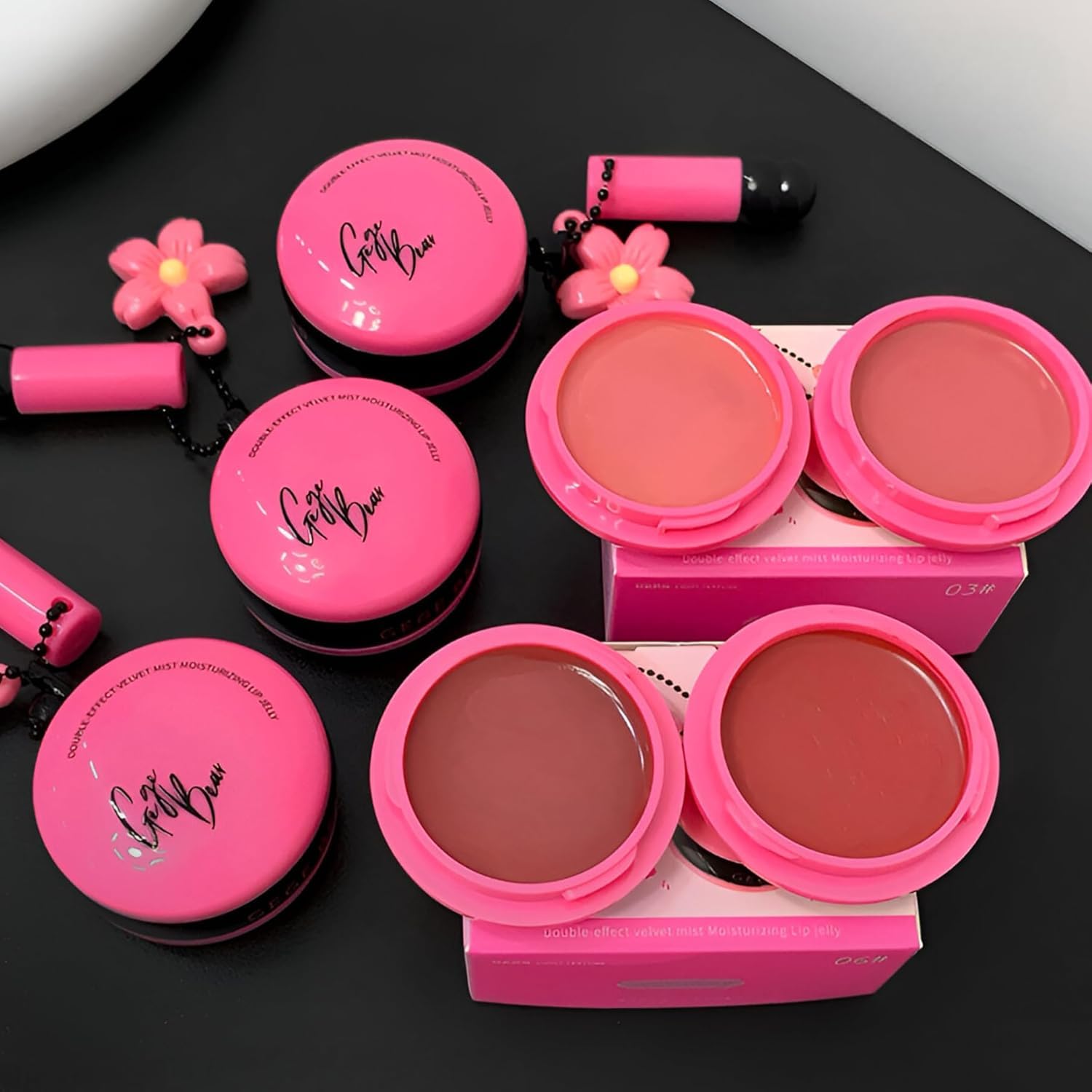 Gege Bear Dual Effect Lip Gloss | High-Shine Mirror Gloss & Soft Matte Velvet Texture | Pigmented Shades from Nude Pink to Deep Red | Includes Silicone Brush & Pink Flower Charm Chain | Lightweight & Comfortable Lipstick For women Girls (03# Rose Pink, 5g+5g)-image-21
