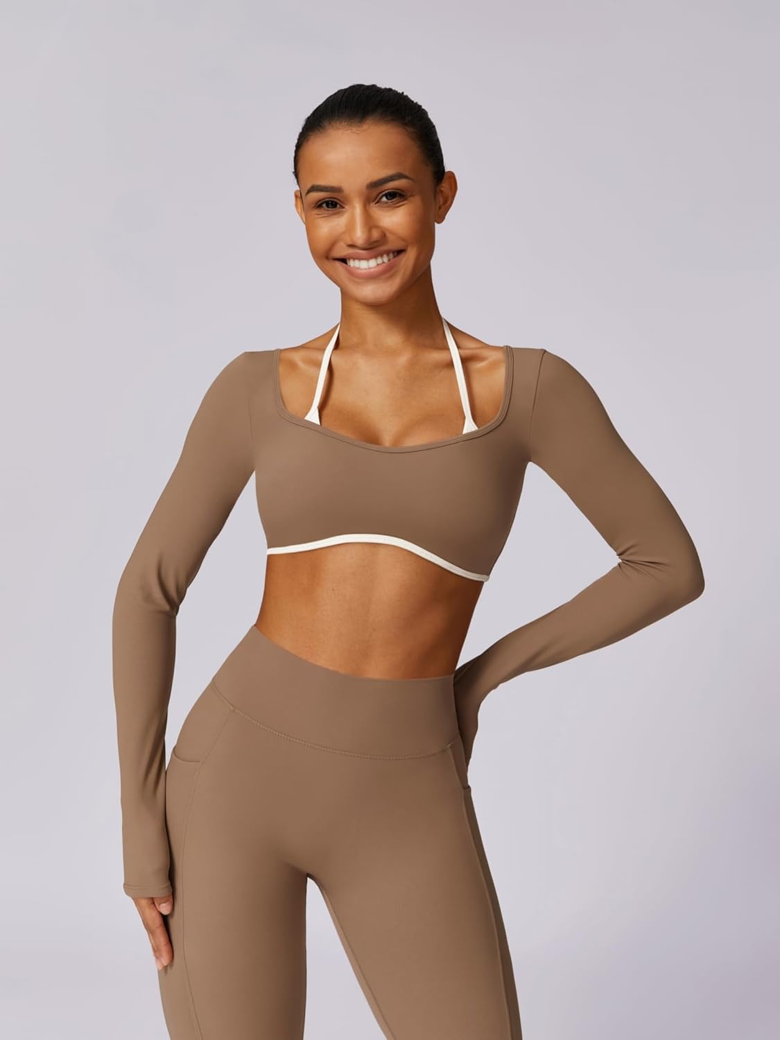 ABOCIW Workout Sets for Women Long Sleeve Crop Top Scrunch Butt Lifting High Waist Leggings with Pockets 2 Piece Outfits - Image 5