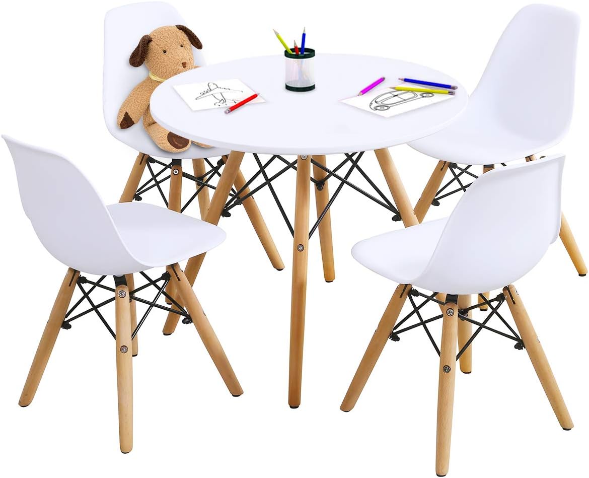 GLACER Kids Table and Chair Set, 5-Piece Mid-Century Modern Dining Set for Toddlers, White