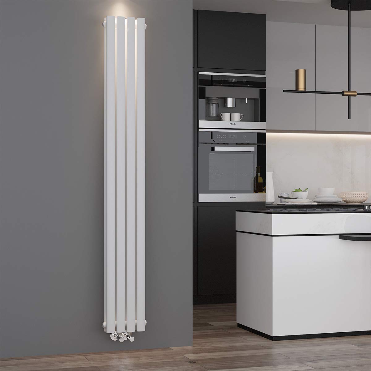 ELEGANT Radiador de panel de diseño tubular, 1800 x 236 mm, color blanco, doble capa, conexión central, tubo vertical