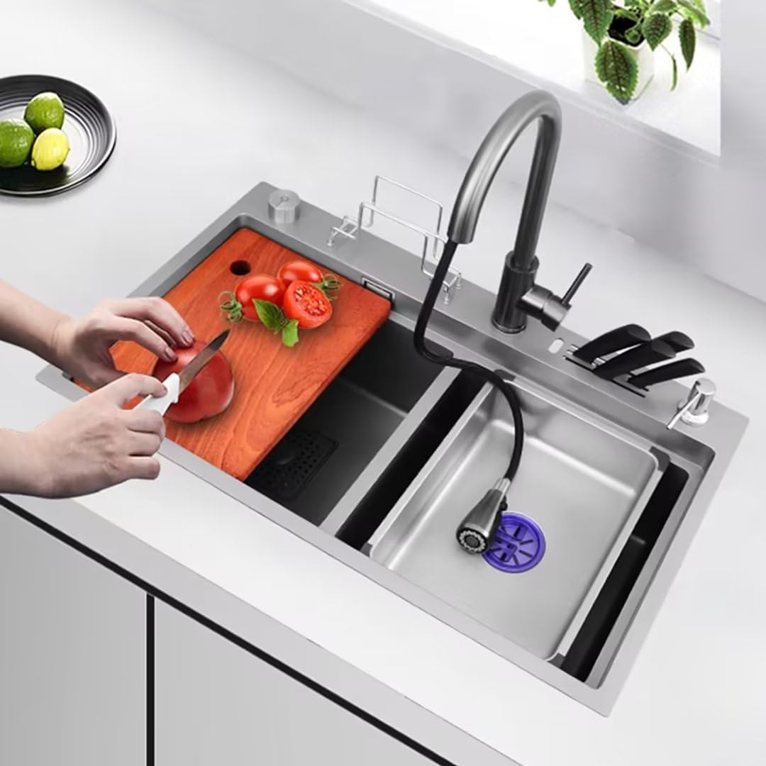 Aioneer Double Kitchen Sink, Dishwasher Basin Sink Workstation Sink With Pull-Out Faucet, And Drainage Top Mount Or Undermount-82-46cm Grigio