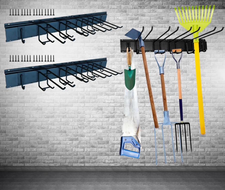 THIKDIKAKTGarage Tool Organizer Storage Rack Wall Mounted Storage System with 6 Hook Super Heavy Duty Garden Tool Hanger Rack for Ski Gear Chair Broom Mop Rake Hoses Yard Garden tool (Set 4-64 inch)