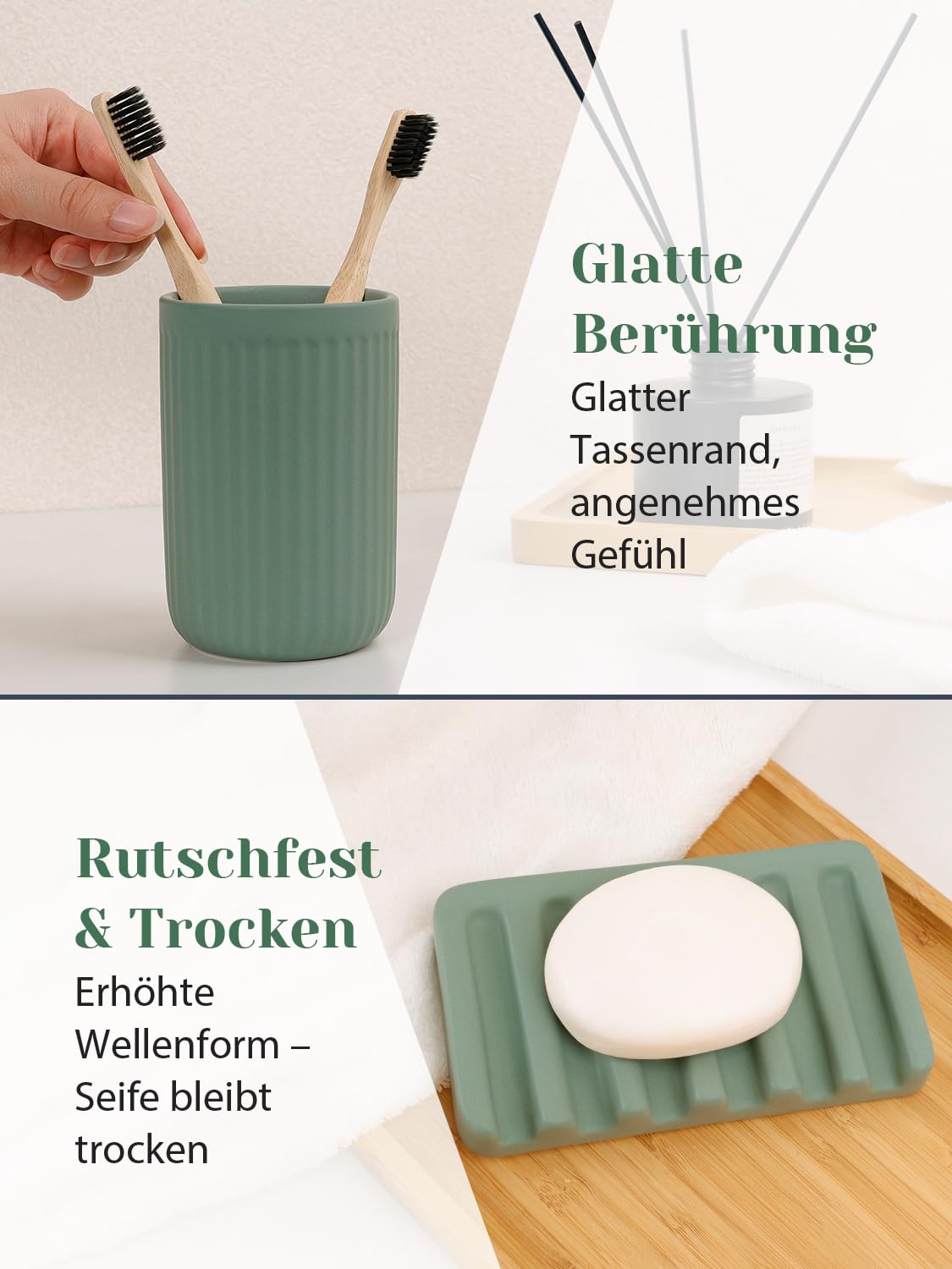Badezimmer Set Grün, 4-teilig Keramik Bad Zubehör - 350 ml Seifenspender, Zahnputzbecher, Seifenschale & Wattestäbchen Behälter, Deko Badausstattung Set für Waschbecken