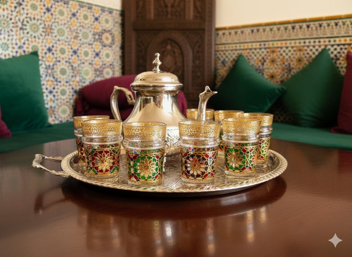 Handmade Moroccan Tea Glasses Set of 12 | أكواب شاي مغربية تقليديةArab & Turkish Style Decorative Tea Cups with Gold Floral Pattern, Colorful Glassware