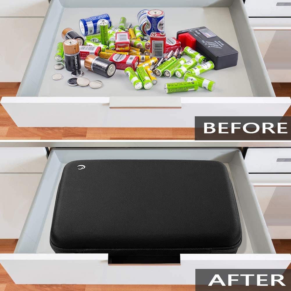 Comecase - Caja organizadora de batería Dura para 48 Pilas AA C D 9 V, Color Negro