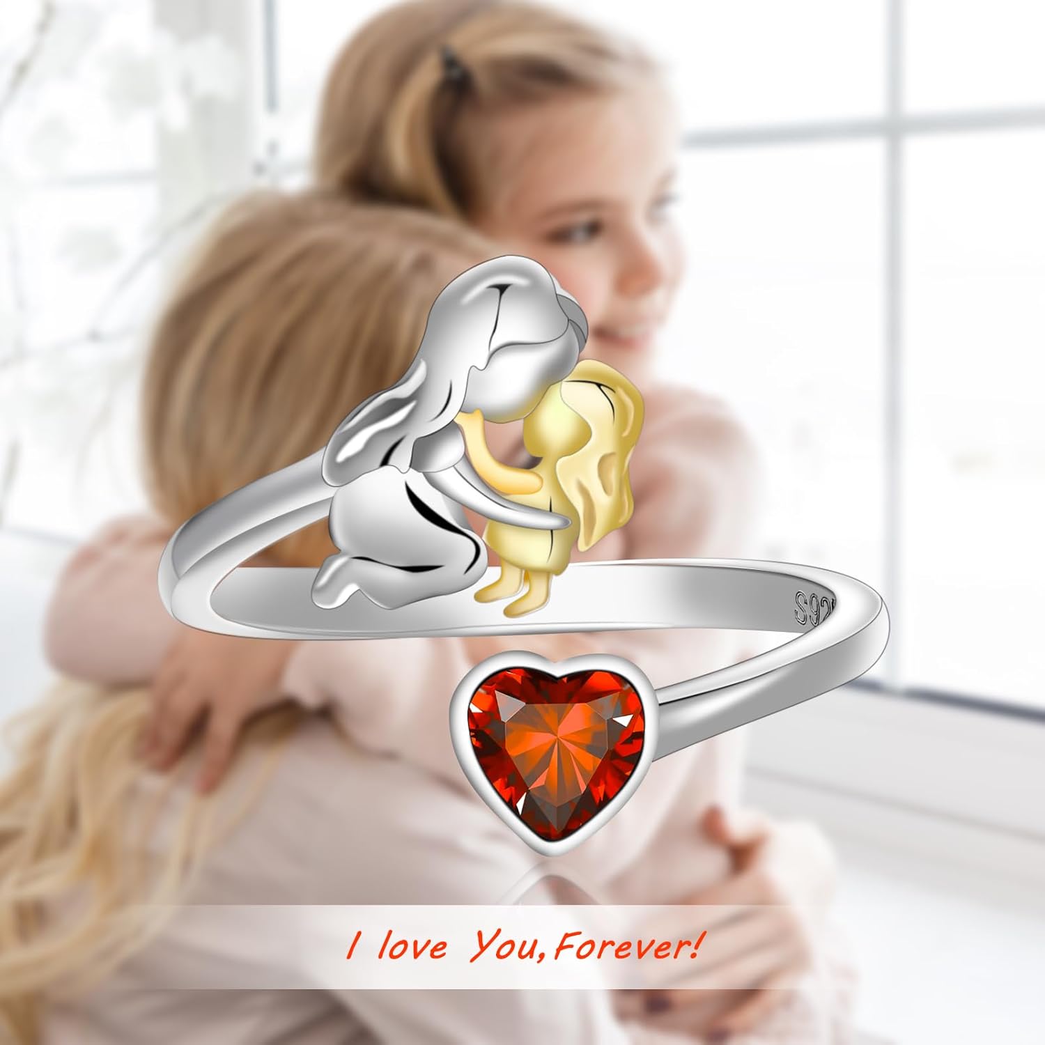 Shysnow Mother Daughter Ring with Heart Birthstone 925 Sterling Silver Mother’s Birth Stone Cubic Zirconia Open Adjustable Rings Birthday Mother's Day Jewelry for Grandmother Grandma Mom Wife