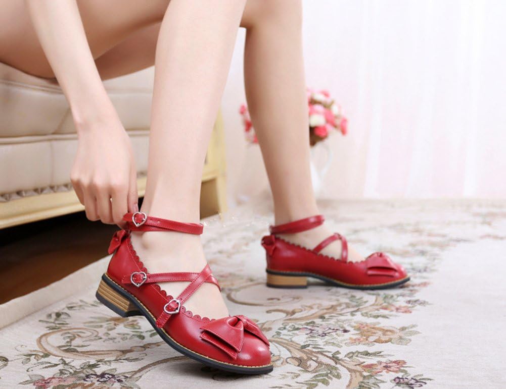 Lorie & Knight Japanese Sweet Lolita Low Chunky Heels Round Toe Bowtie Strappy Princess Shoes