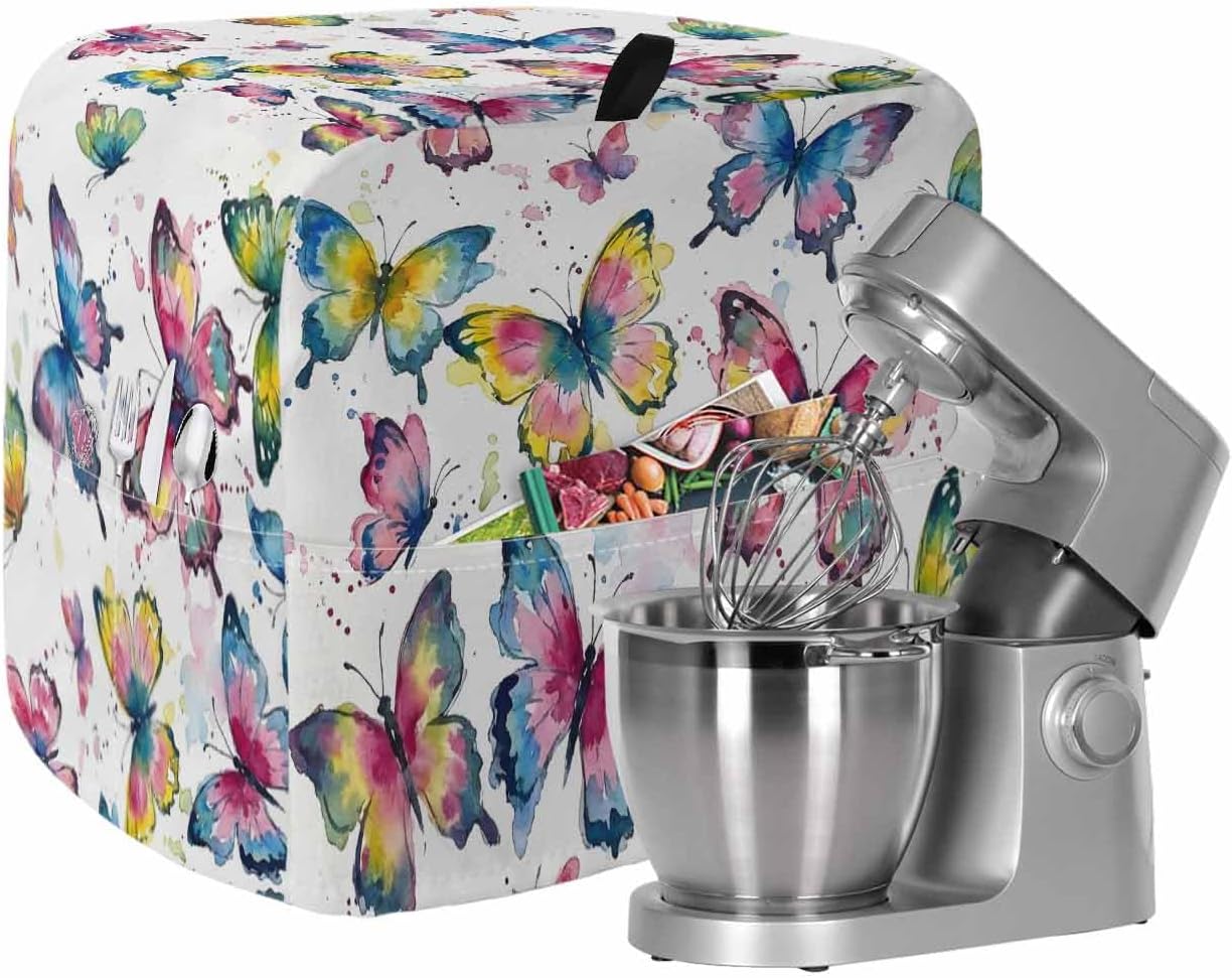 Colorful Butterfly Stand Mixer Cover with Storage Pocket,Waterproof Kitchen Mixer Covers,Elegant Pastoral Butterflies Rustic Watercolor Kitchen Appliance Dust Cover Compatible with 4/4.5 Quart Mixers