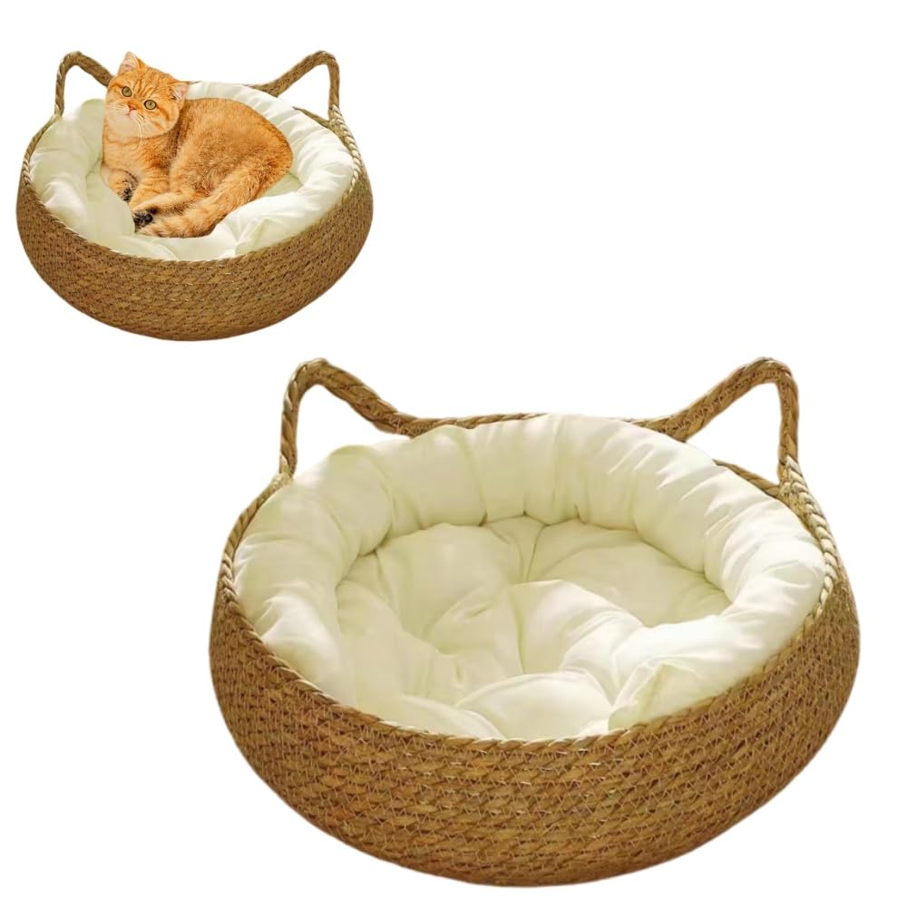 سرير قطط شبه مغلق من الراتان، سرير قطط داخلي قابل للغسل، سرير دائري للقطط مع لوح خدش للقطط، سرير كبير منسوج للقطط مع وسادة ناعمة، سرير للقطط قابل للازالة للحيوانات الاليفة