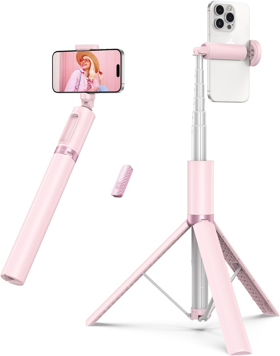 55" Selfie Stick Tripod, All-in-one Extendable Aluminum Phone Tripod with Rechargeable Bluetooth Remote for iPhone, Samsung, Google, LG, Sony and More, Fitting 4.7-7 inch Smartphones, Pink